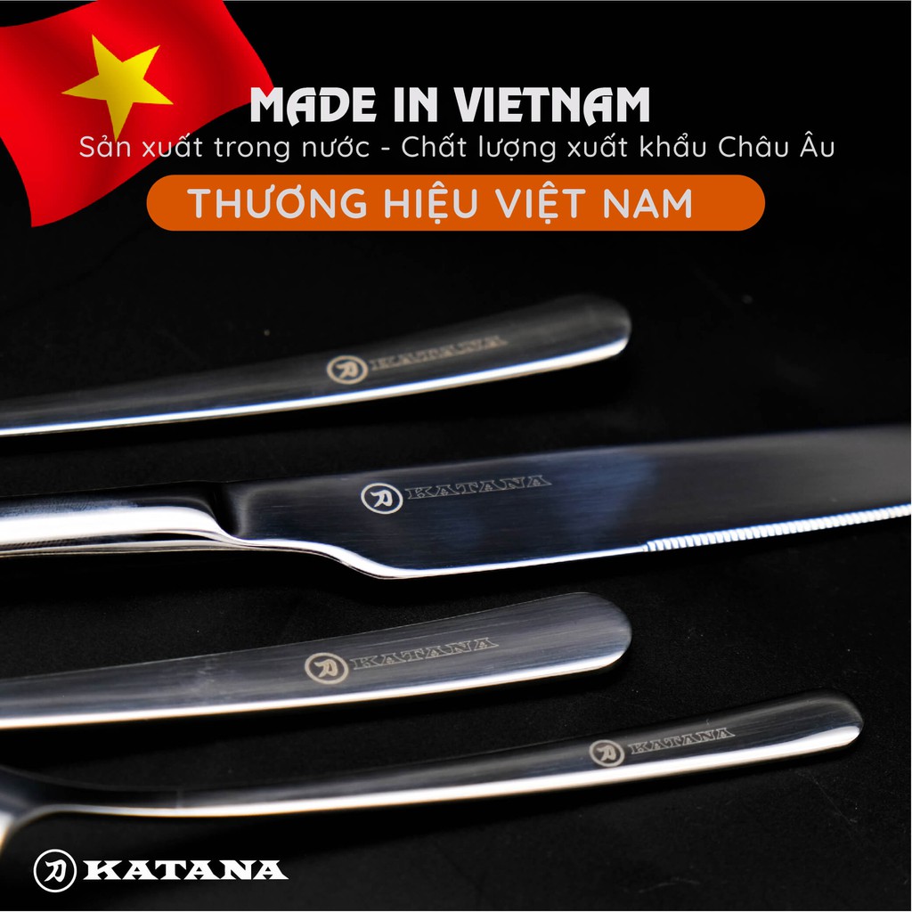 Set 4 món dao, thìa, dĩa bàn ăn KATANA INOX 304 vân trơn sáng bóng cao cấp, sang trọng - KATA100