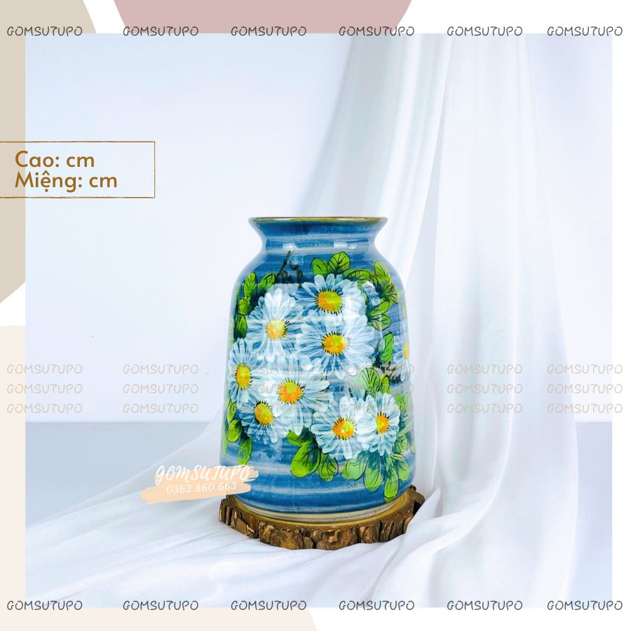 Lọ Hoa Vẽ Hoa Sen, Cúc Trắng - Bình Hoa Decor Để Bàn Trang Trí gomsutupo - Gốm Sứ TUPO Bát Tràng
