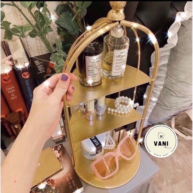 Kệ lồng chim đựng mỹ phẩm 3 tầng siêu xinh để bàn màu vàng sang trọng - Kệ decor, đựng trà bánh, mỹ phẩm, nước hoa
