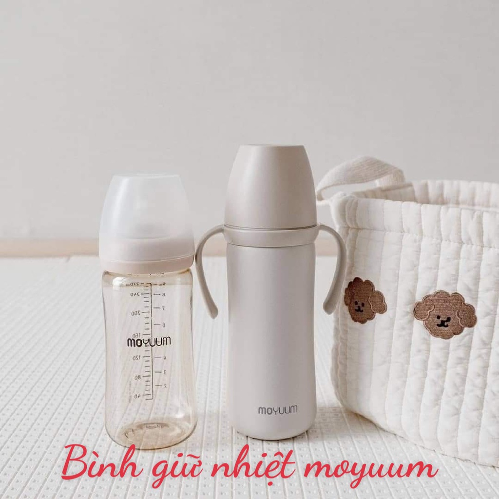 Bình sữa Moyuum giữ nhiệt inox 304 màu ghi, Bình hút moyuum giữ nhiệt có tay cầm, bình moy giữ ấm sữa cho bé chính hãng