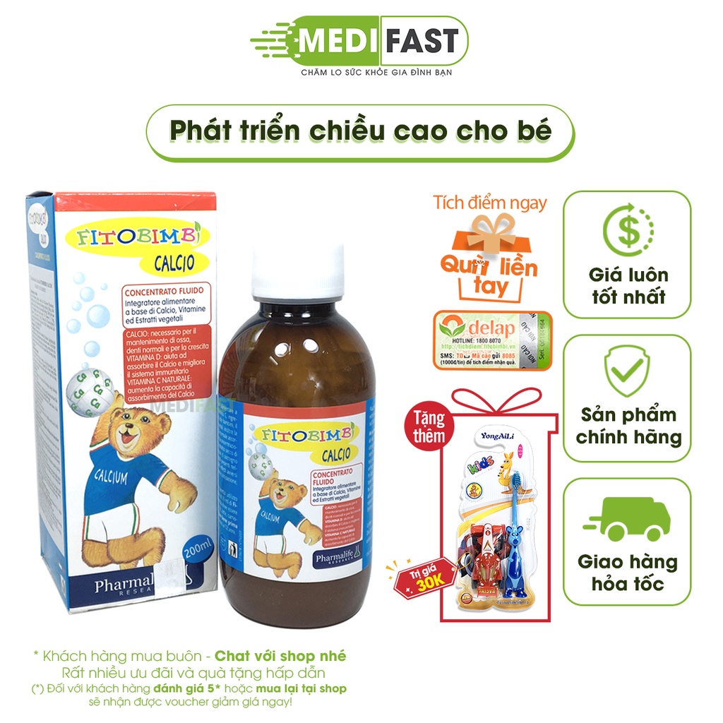 Fitobimbi Calcio Bimbi - Bổ Sung Canxi,Vitamin D Giúp Bé Hấp Thụ Phát Triển Chiều Cao - Nhập khẩu từ Ý - Chai 200ml