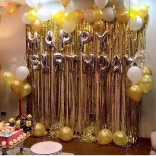 Set bong bong sinh nhật 2 Rèm Kim Tuyến, Bóng Chữ Happy Birthday Và 50 Bóng Nhũ