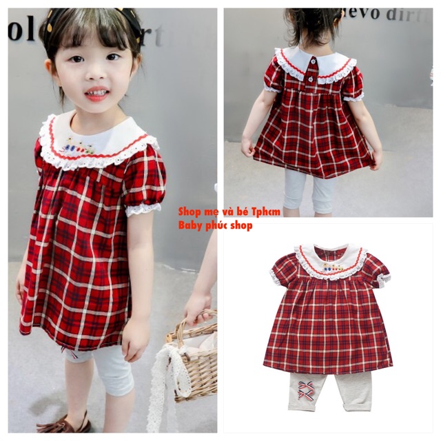 Set áo caro phoi quan thun legging cho be gai