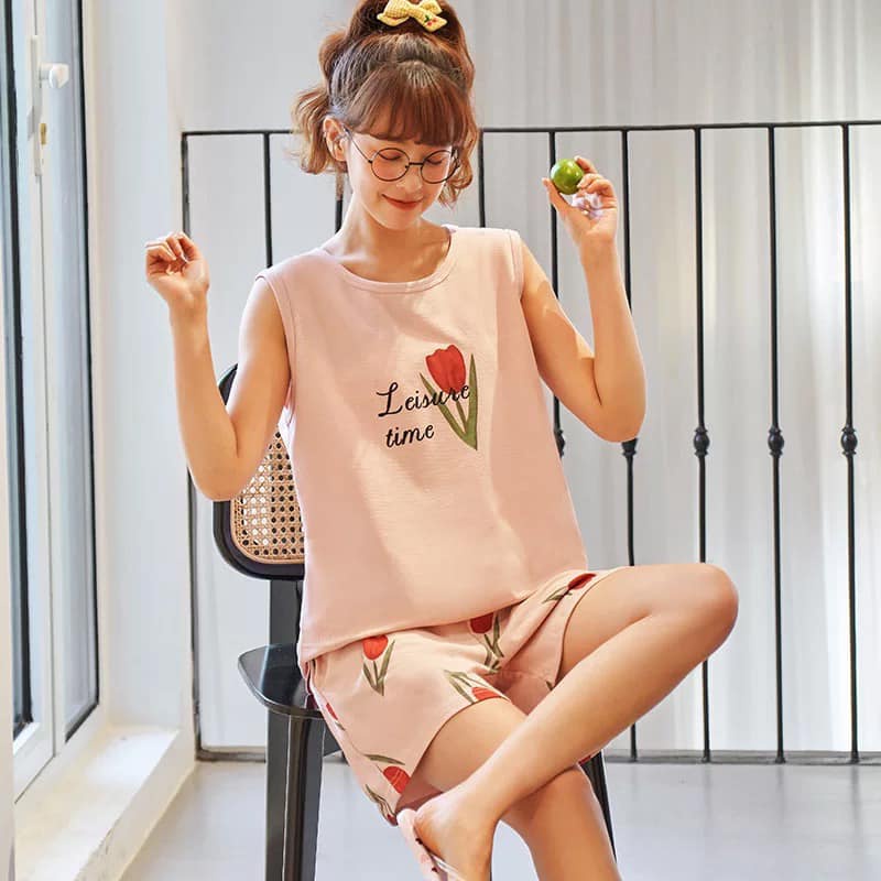 Bộ cotton mặc nhà Quảng Châu cao cấp áo ba lỗ quần caro đùi co giãn 4 chiều