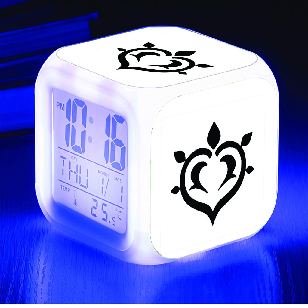 Đồng hồ báo thức để bàn in hình NGUYÊN TỐ VISION GENSHIN IMPACT game chibi anime đèn LED đổi màu M2