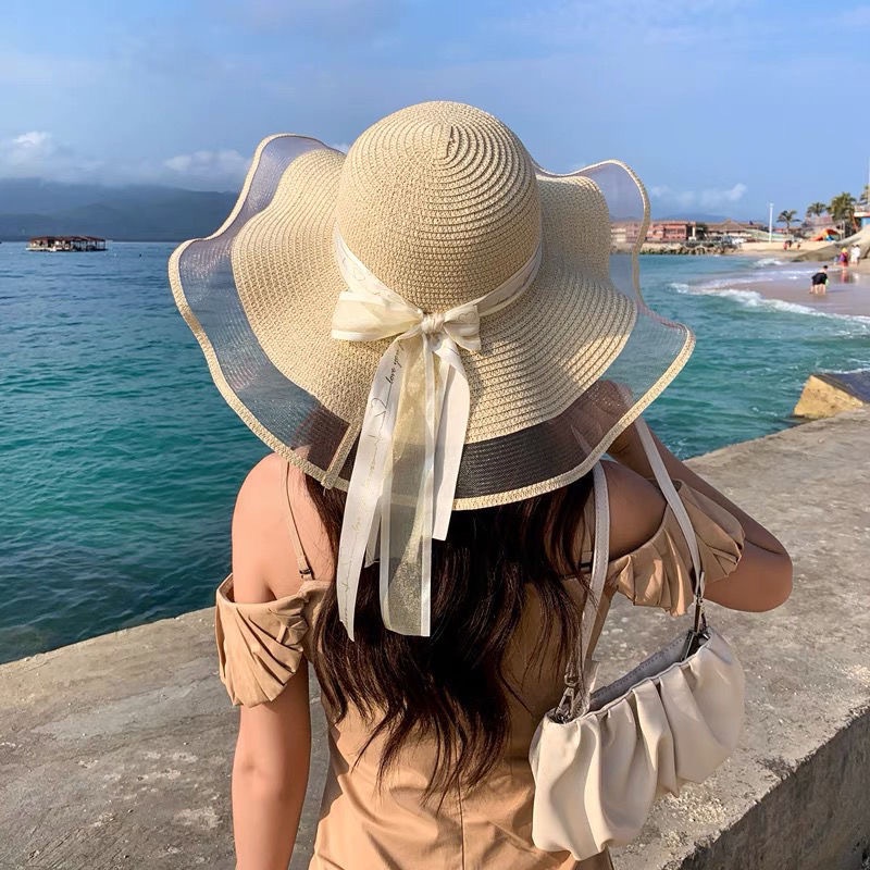 Mũ Cói Rộng Vành Đính Nơ Thời Trang Đi Biển Mùa Hè Cho Nữ