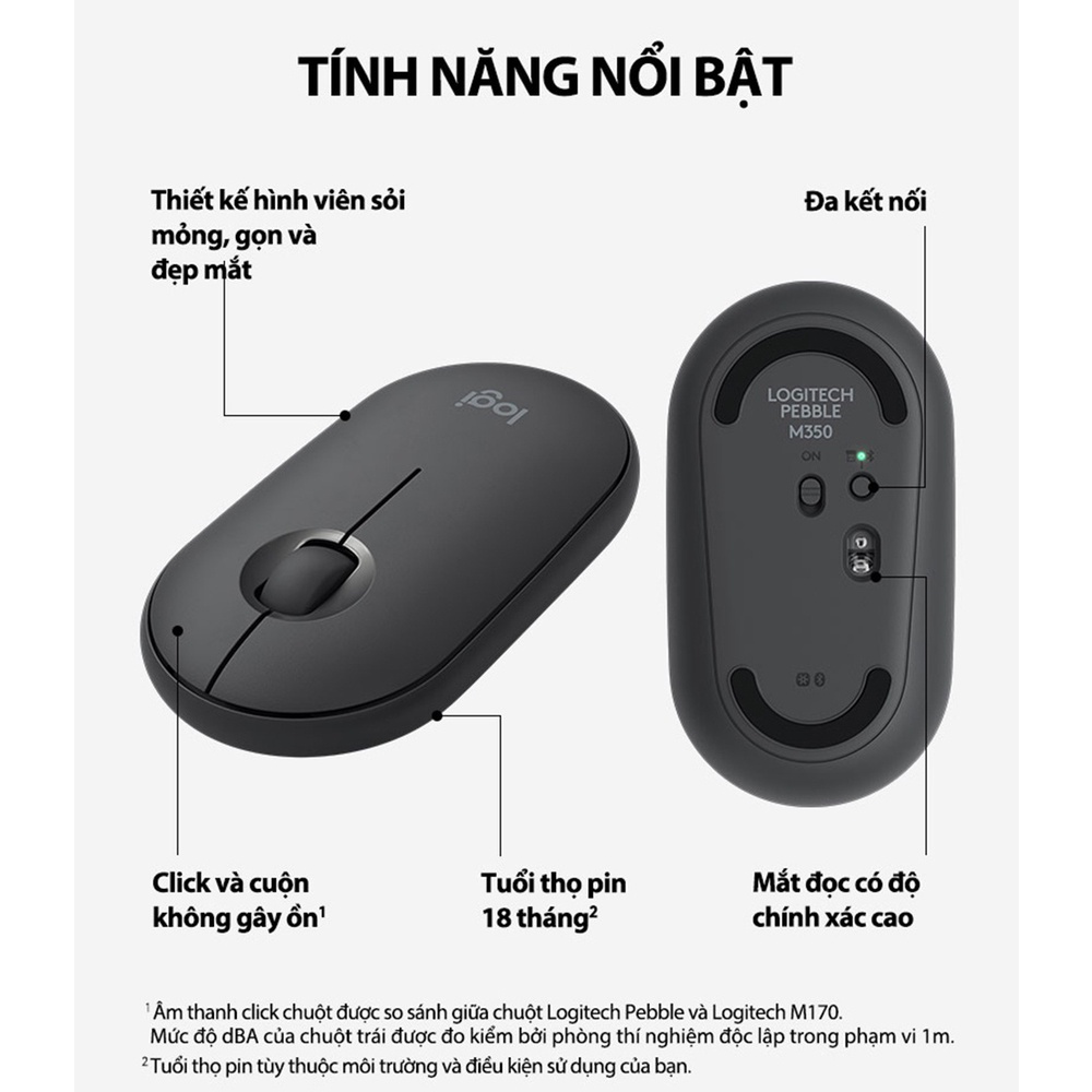 Chuột không dây Bluetooth, Wireless Logitech Pebble M350 Silent - Hàng chính hãng