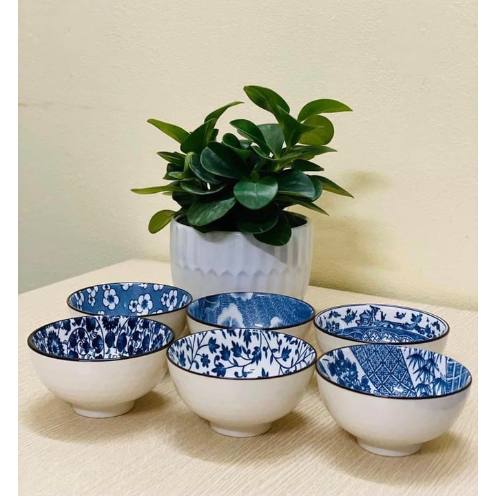 Bộ 6 chén (bát) cơm phong cách Nhật Bản - Hoa xanh lam giả cổ