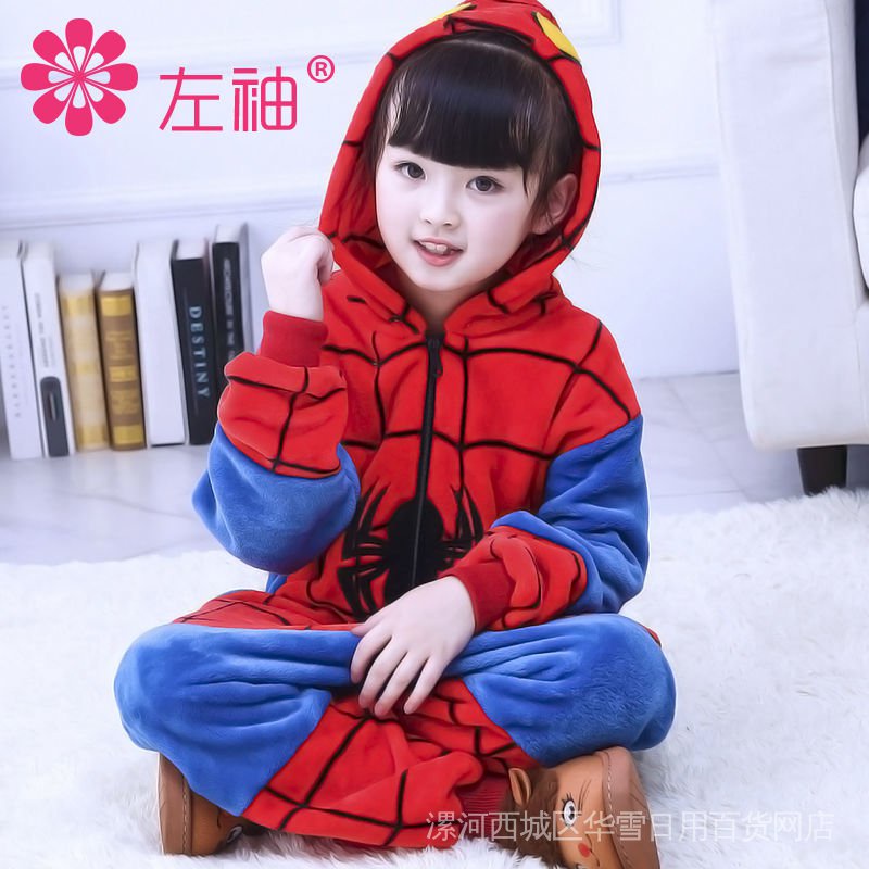 Bộ Đồ Ngủ Liền Thân Bằng Nỉ San Hô Lông Cừu Họa Tiết Hoạt Hình Người Nhện Thời Trang Thu Đông Cho Bé