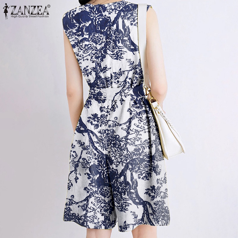 Áo liền quần ZANZEA sát nách dáng rộng có túi in họa tiết phong cách vintage thời trang dành cho nữ