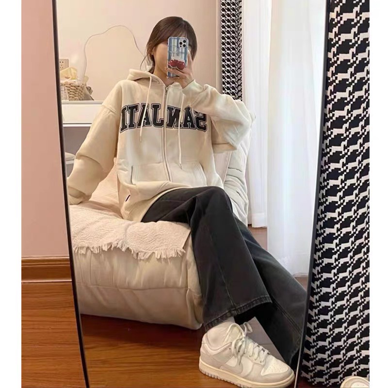 Hoodie zip nữ  2022, Áo hoodie nữ form rộng dày kéo khóa màu trắng chất nỉ bông
