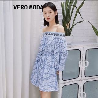Đầm váy rút Vero Moda hở vai dáng chữ A in chữ màu xanh