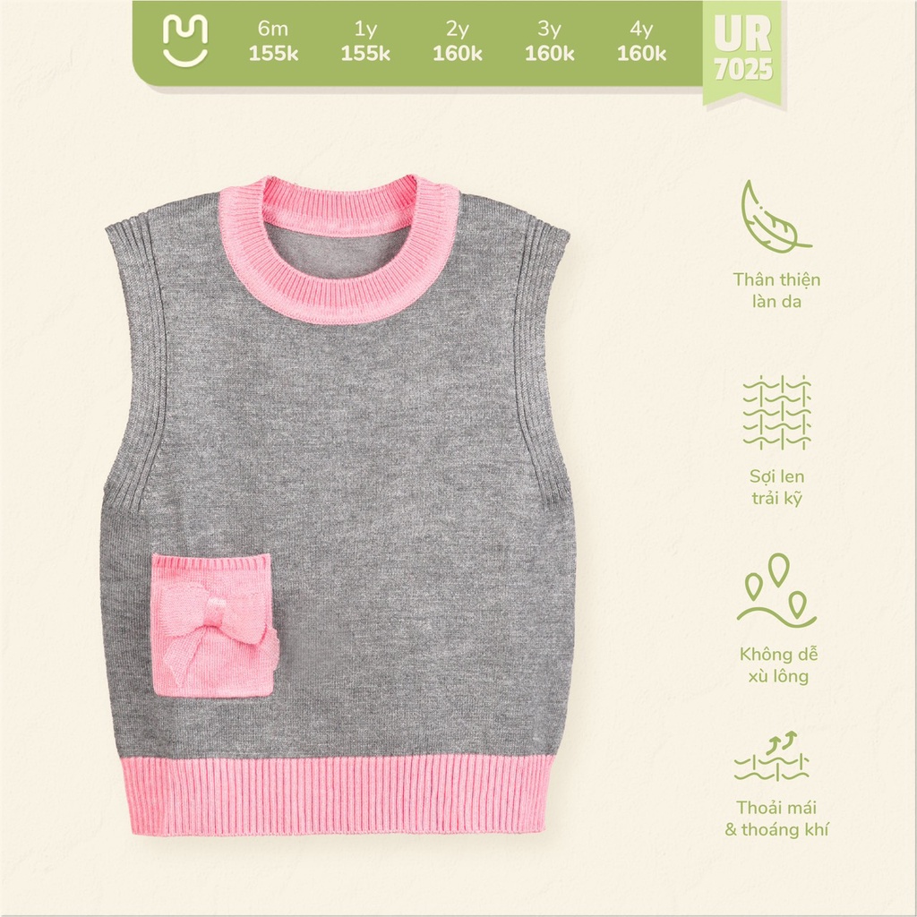 Áo gile len cho bé gái Uala rogo 6 tháng - 4 tuổi cổ tròn dễ phối đồ dày dặn giữ ấm túi nơ 7025