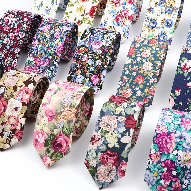 Cà Vạt Bản Nhỏ 6cm Họa Tiết Hoa Vintage Bằng Cotton Cho Nam
