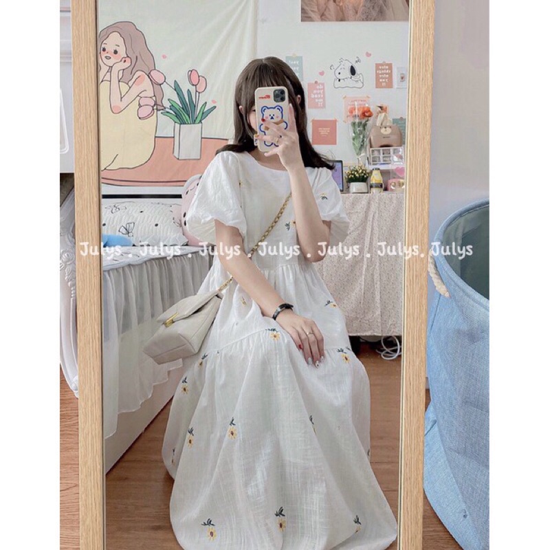 Váy Babydoll hoa cúc tay bồng dáng dài chất đũi thô/Váy vintage đũi hoa cúc tay bồng [Ảnh thật/Sẵn]