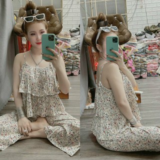 Sét bộ nữ lụa dập ly áo tầng 2 dây quần ống rộng