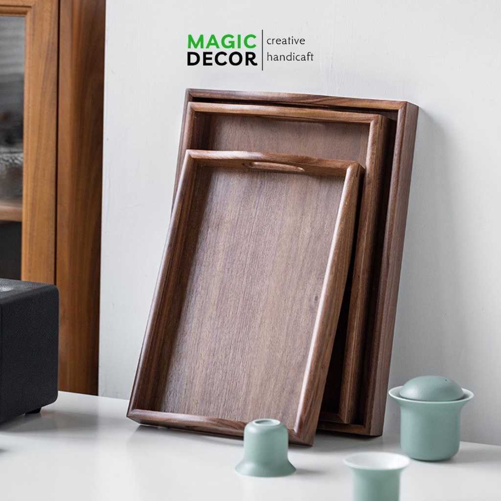 Khay trà, đựng đồ ăn, đựng ấm chén bằng gỗ óc chó cao cấp decor trang trí - MAGIC DECOR