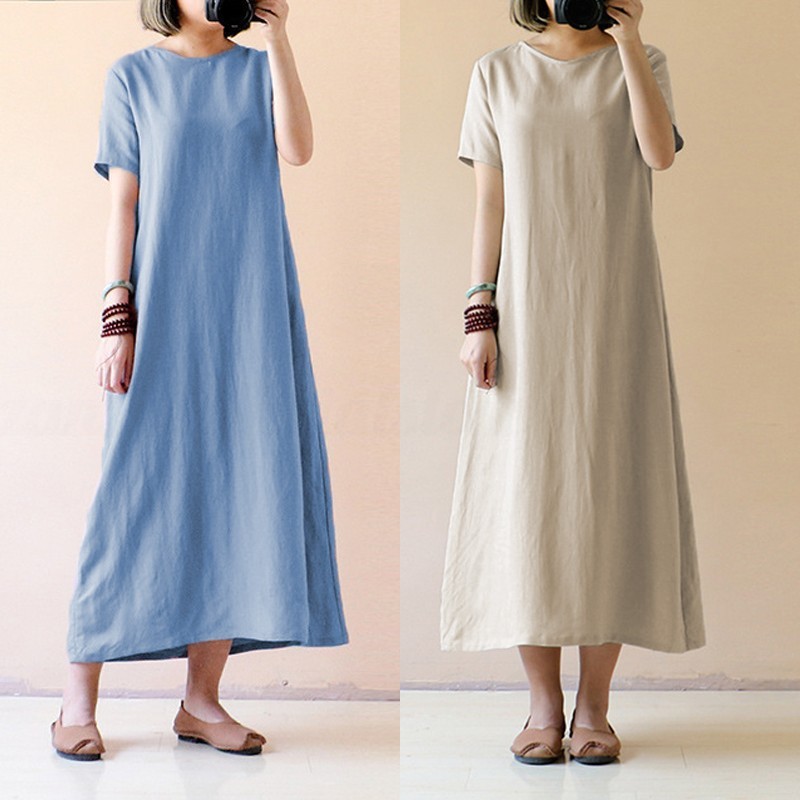 Đầm maxi form rộng vải lanh thời trang mùa hè cho nữ