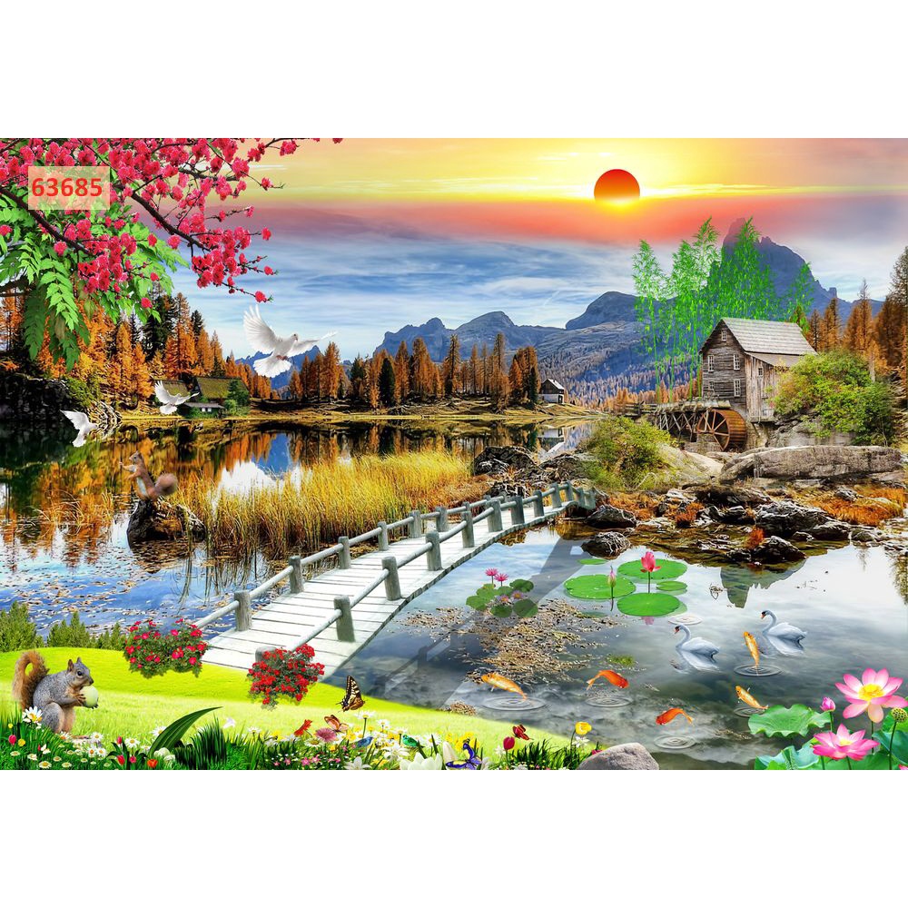 Tranh 3d thác nước chảy rừng cây, vườn hoa nở rộ trong lành giá rẻ chất lượng cao