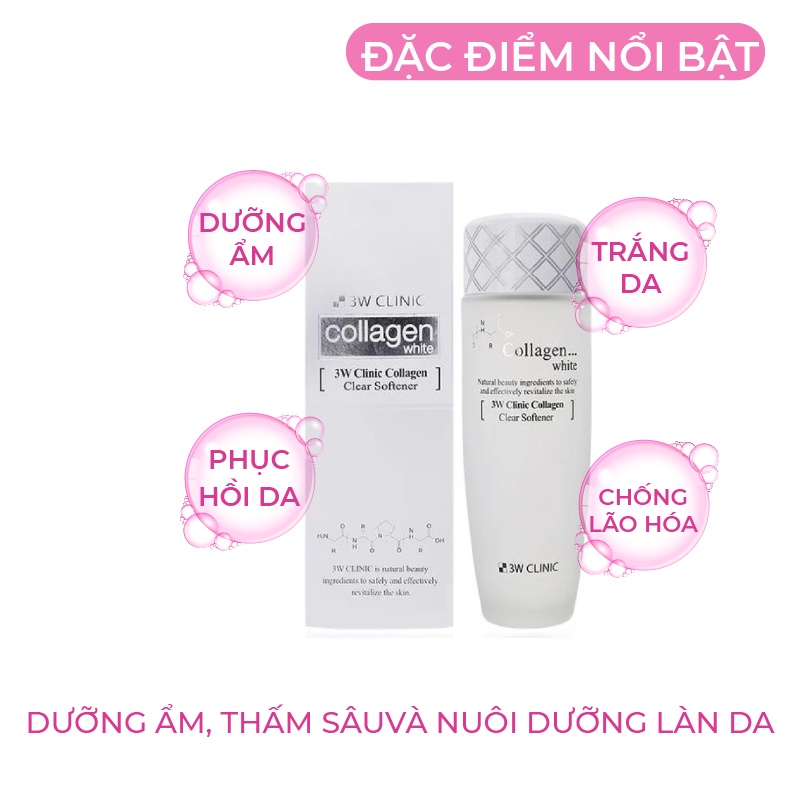 Nước hoa hồng dưỡng trắng da se khít lỗ chân lông chiết xuất từ Collagen 3W Clinic Hàn Quốc 150ml