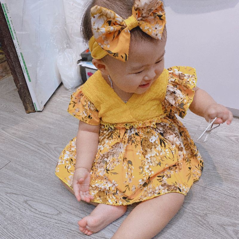 Bodysuit cho bé yêu ❤️ FREESHIP ❤️ BODY trẻ em hoa vàng chất Đũi xốp phối lụa Hàng Châu kèm băng đô size ss - 13kg