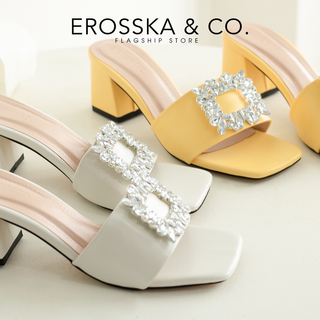Erosska - Dép cao gót nữ quai ngang đính đá sang trọng cao 5,5cm màu trắng - EM096