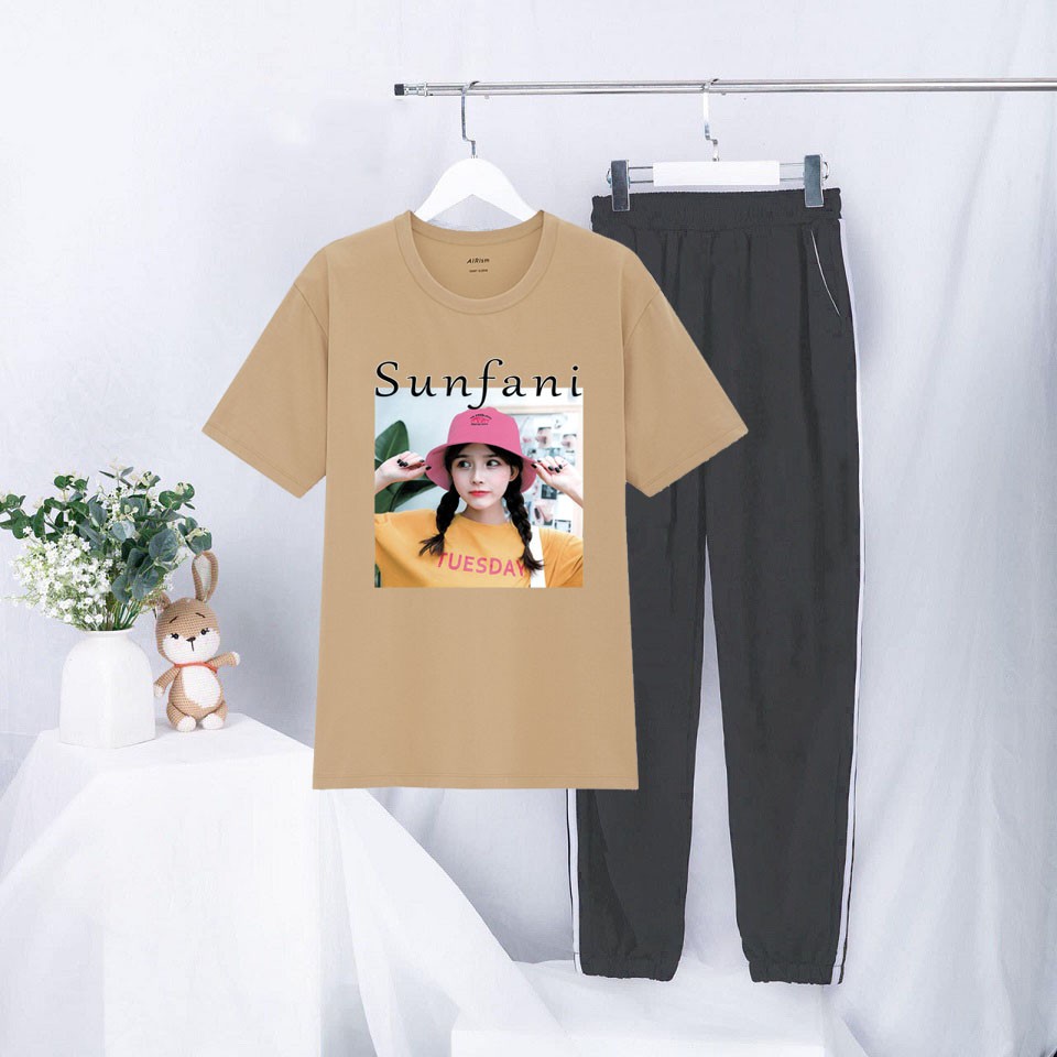 Sét Bộ Đồ Ulzzang Nữ - Áo Cotton Màu Da Mix Quần Dài Sọc Bo Gấu Mặc Đi Chơi Giá Rẻ In 3D Cô Gái Sunfani