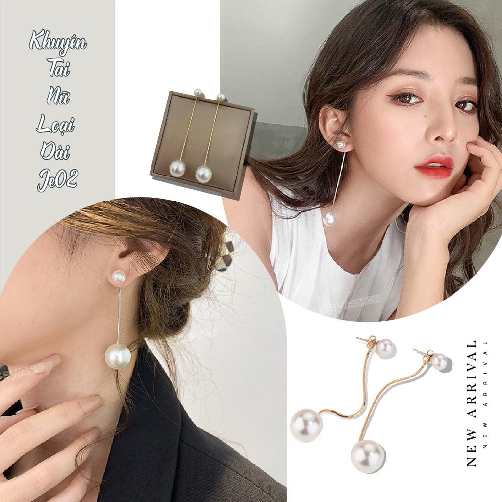 Khuyên tai Nữ Dáng Dài Đính Đá Sang Trọng JE01 Jussy Fashion Bông Tai Ngọc Trai NHân Tạo Hàn Quốc