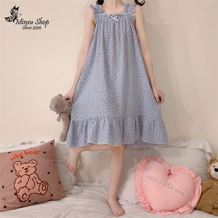 Đầm ngủ mặc nhà hai dây pijama chất vải xốp nhẹ mát, họa tiết xinh xắn Minxu shop V925