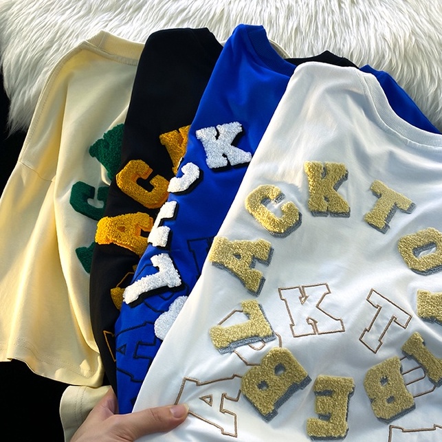 ZHELIHANGFEI Áo Thun Ngắn Tay Dáng Rộng Thêu Chữ Cá Tính Kiểu Mỹ