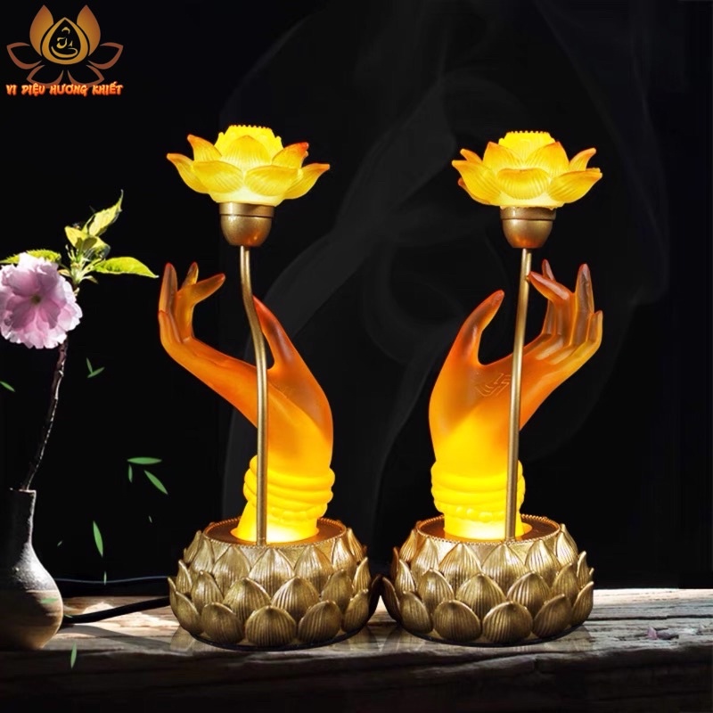 CẶP 2 CÂY ĐÈN LED TAY PHẬT CẦM HOA SEN LƯU LY PHA LÊ THỜ CÚNG TRANG TRÍ