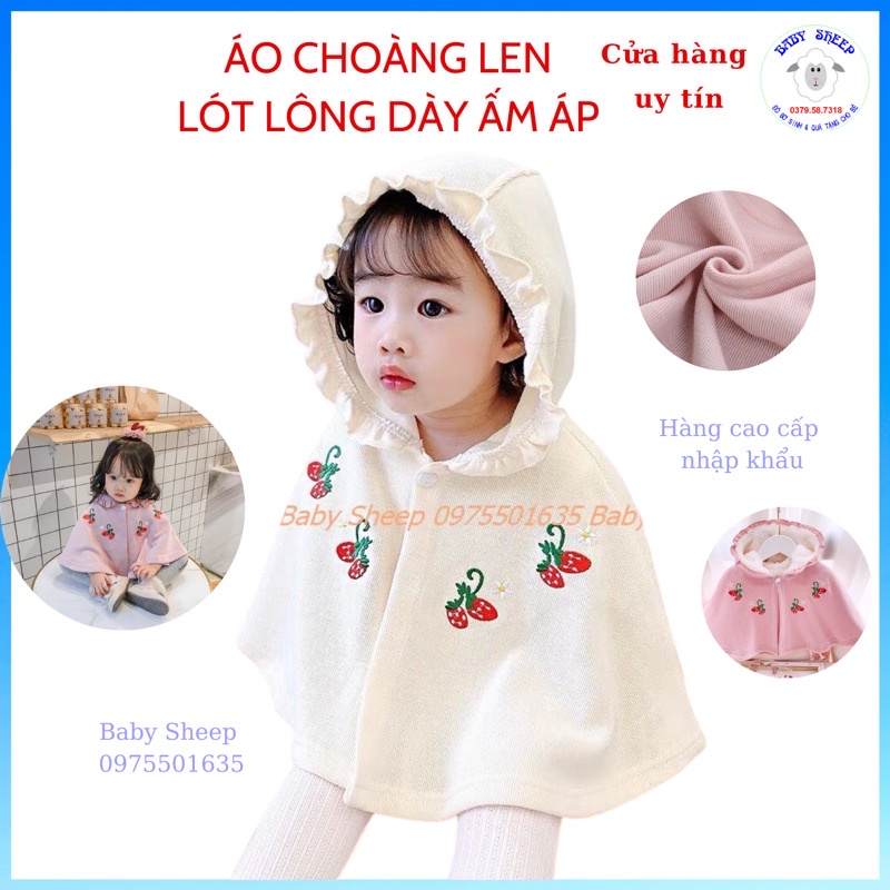 Áo choàng len cao cấp áo cánh dơi lót lông thêu hoạ tiết dâu tây cho bé gái