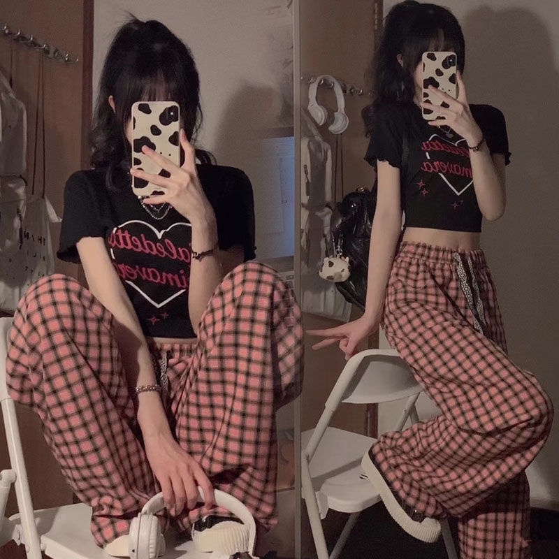 Bộ Áo Ngắn Tay + Quần Dài Ống Rộng Lưng Cao Kẻ Caro Đen Hồng Thời Trang Mùa Hè Cho Nữ