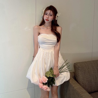 Váy trắng hai dây buộc rúm bên quyến rũ dáng xòe sang chảnh- Đầm dự tiệc dáng ngắn sexy mặc 2 kiểu cá tính