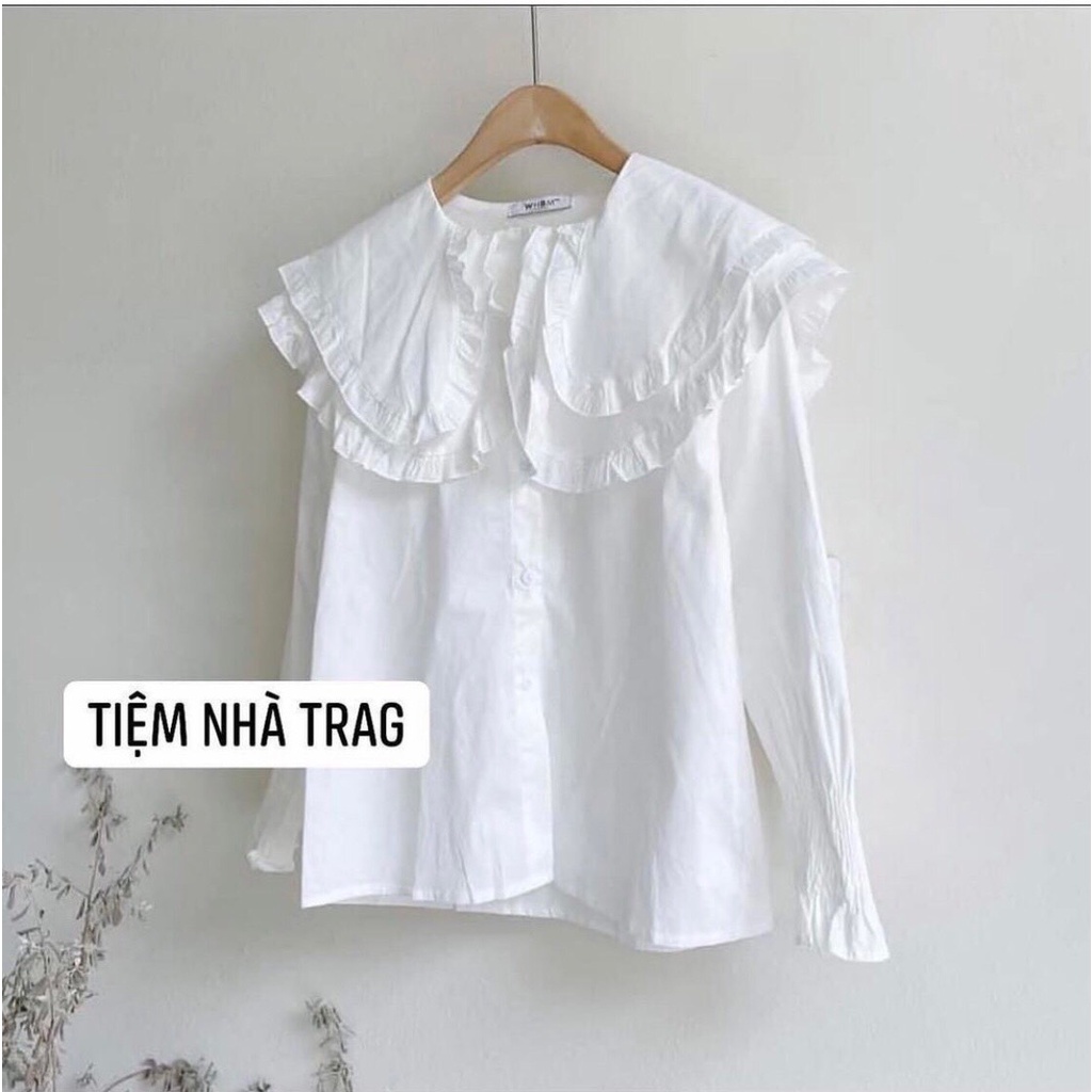 Áo sơ mi kiểu nữ tay phồng cổ bèo 2 tầng đính ngọc sang chảnh