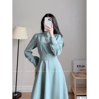 ✨BÁN SỈ✨Đầm xanh mint cúc bọc đai liền