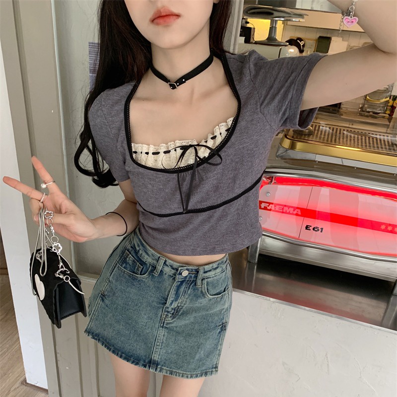 Áo ZHELIHANGFEI ngắn tay cổ Vuông phối ren xinh xắn thời trang