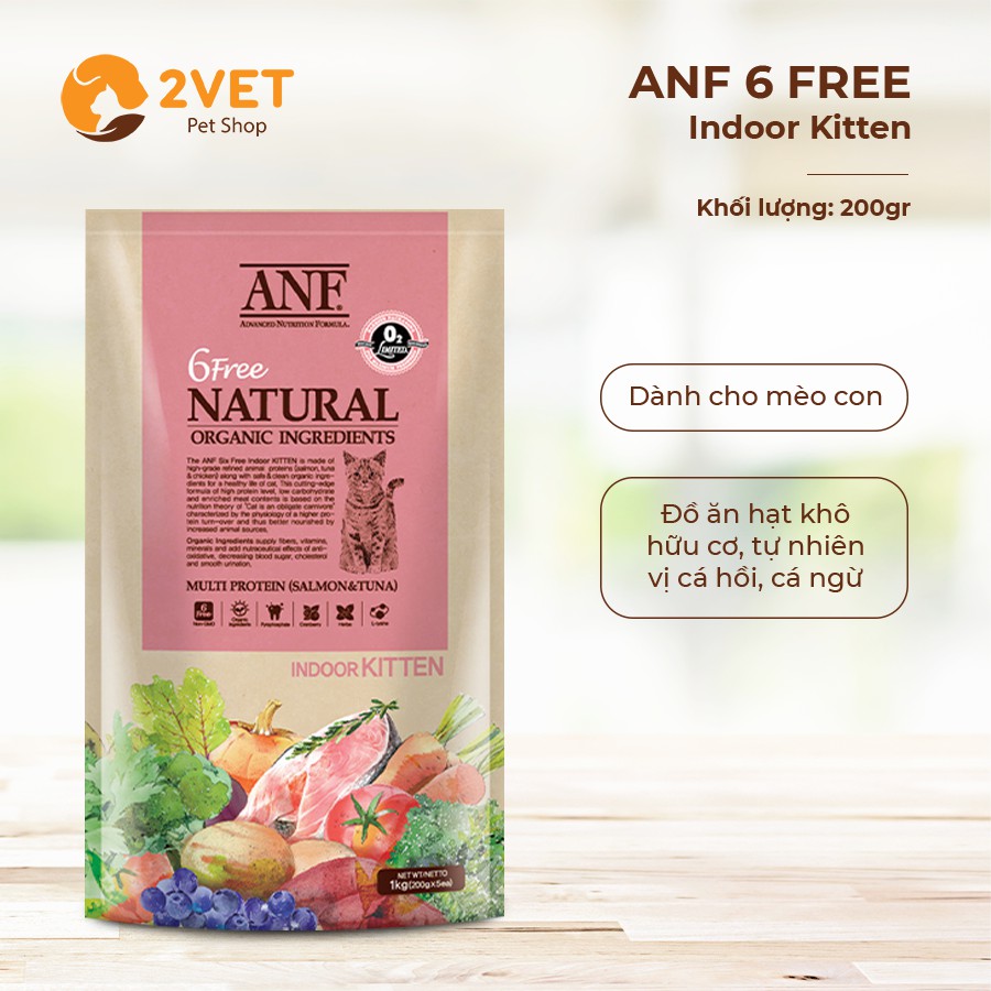 Đồ Ăn Hữu Cơ Cho Mèo ANF 6 Free Cat Natural Indoor Kitten - Adult - Hạt Cho Mèo Con - Mèo Trưởng Thành - Túi 200G