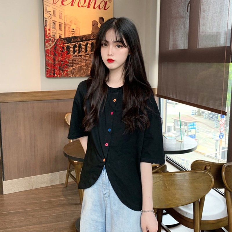Áo Thun Tay Ngắn Cổ Tròn Phối Nút Thiết Kế Đơn Giản Hợp Thời Trang