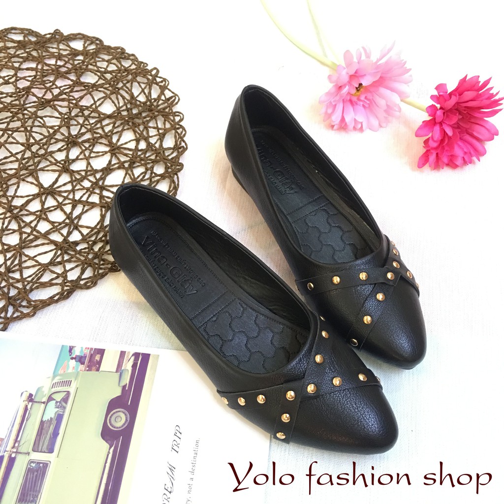 [Hình thật] CT1 Giày búp bê nữ đế bằng mũi nhọn hàng VNXK đính đinh siêu bền, êm chân | BigBuy360 - bigbuy360.vn