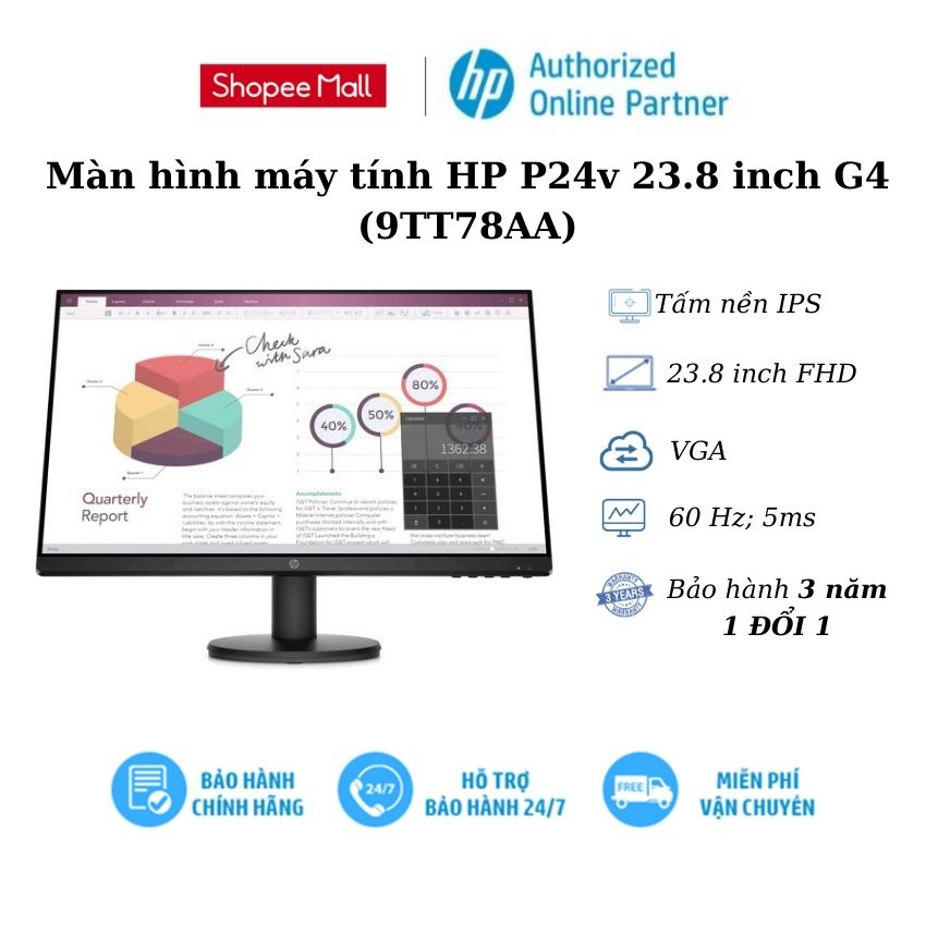 [Mã ELHP3TR giảm 12% đơn 500K] Màn hình máy tính HP P24v 23.8 inch G4 FHD (9TT78AA) - Bảo hành chính hãng 3 năm