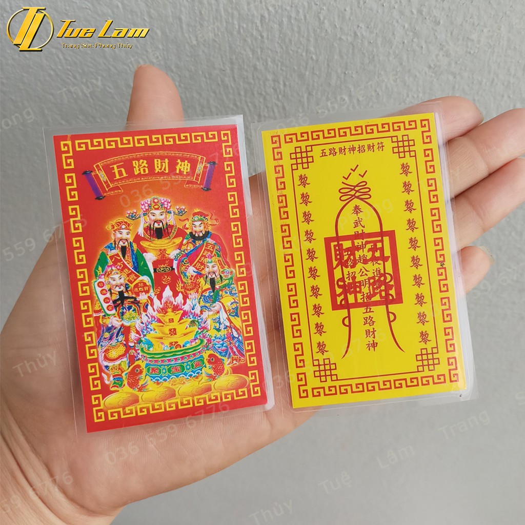 Ngũ Lộ Thần Tài phù bản ép plastic màu đỏ siêu bền, mỏng - để ốp điện thoại, ví tiền - Khai cung Tài, Mở cung Lộc