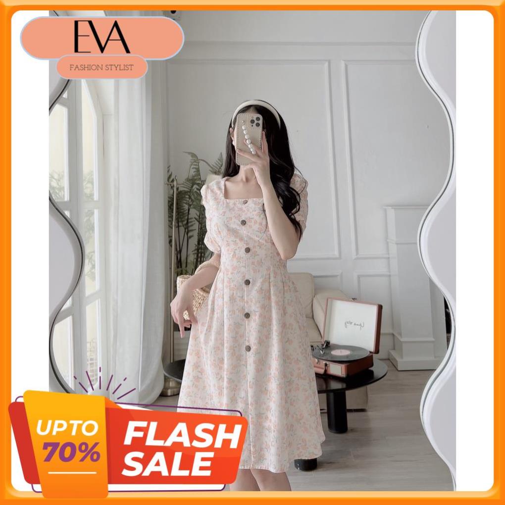 Váy hoa nhí cổ vuông 2 lớp vải tơ xước gắn cúc dừa bản to thiết kế ngắn tay voan nhún Eva Fashion
