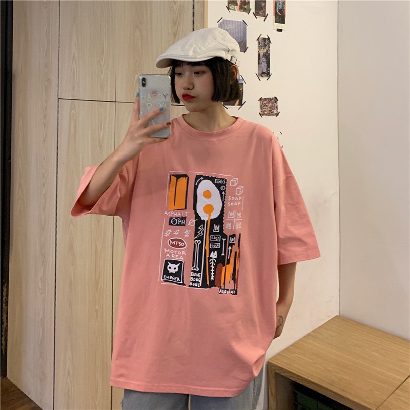 Áo Thun In Xương Cá 2 Màu Xám, Hồng - Áo thun tay lỡ form rộng Unisex 38-65kg Nam Nữ  [VIDEO+ẢNH THẬT]