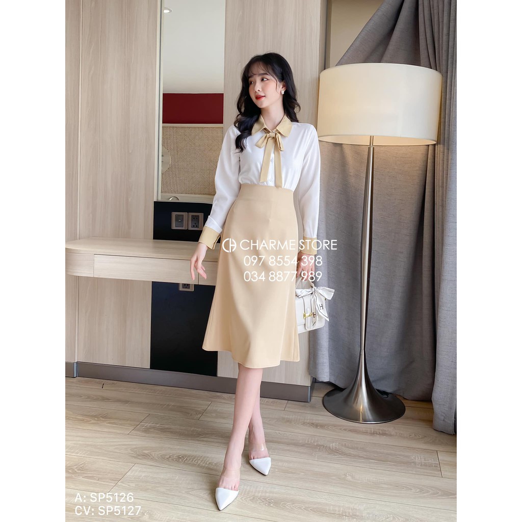 Áo nữ Charme thiết kế sơ mi dài tay phối nơ xinh 5126