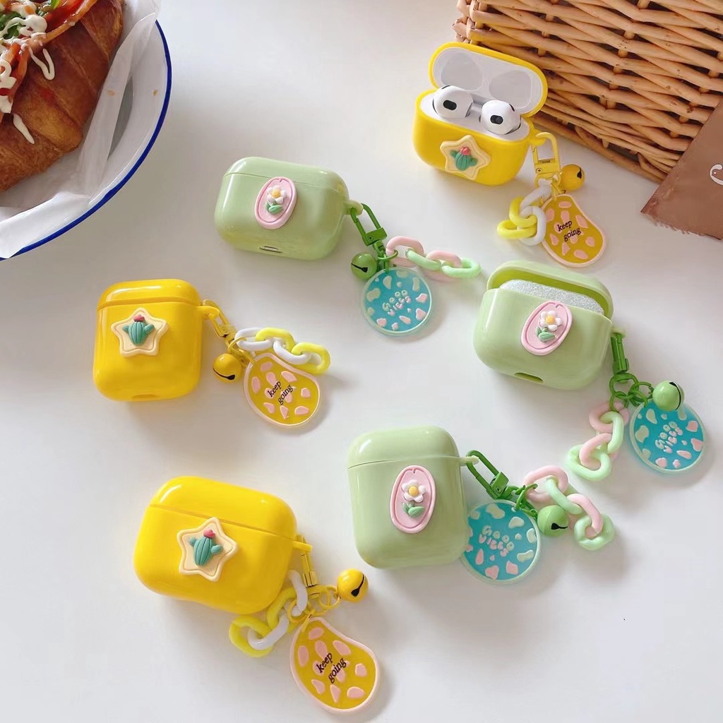 Vỏ Bảo Vệ Hộp Sạc Tai Nghe airpods 1 2 pro Bằng tpu Mềm Hình Hoa Phối Dây Xích Màu Xanh Lá