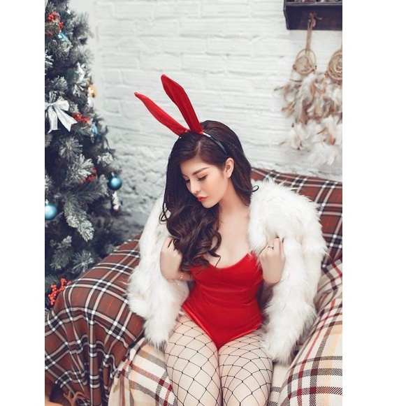 Cosplay thỏ đỏ sexy bunny girl - váy ngủ 2 dây bodysuit hóa trang Halloween gợi cảm đêm Giáng Sinh Noel