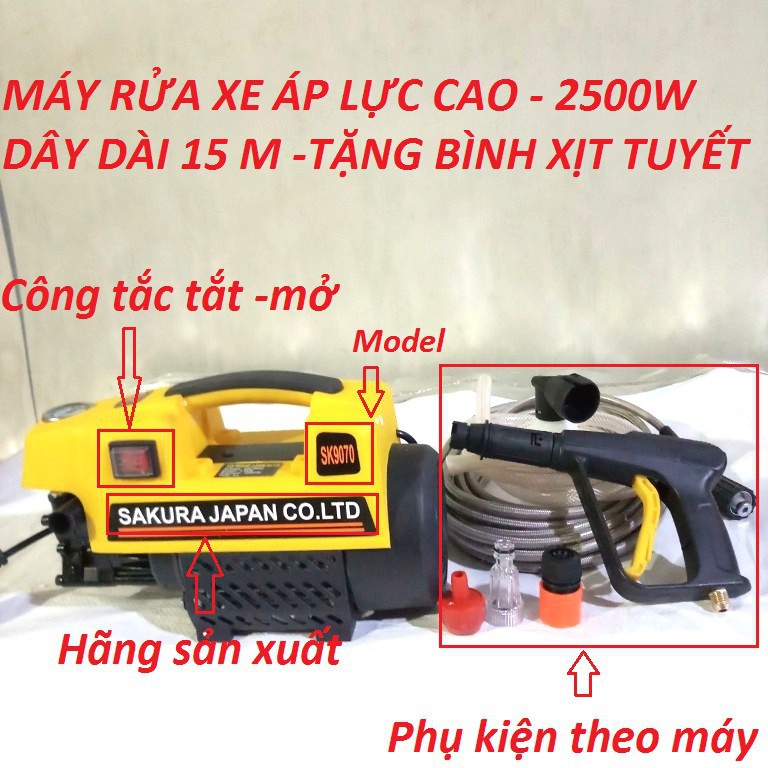 Máy Rửa Xe SAKURA  2500W Áp Lực Cao -MẠNH MẼ- BỀ BỈ-Động Cơ Từ Lõi Đồng 100% Bảo Hành 6 Tháng