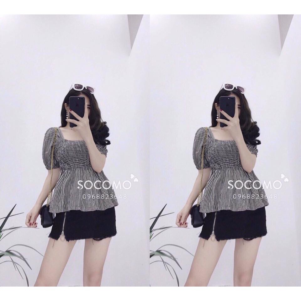 Áo kẻ Babydoll hoa tay bồng (kèm ảnh thật )