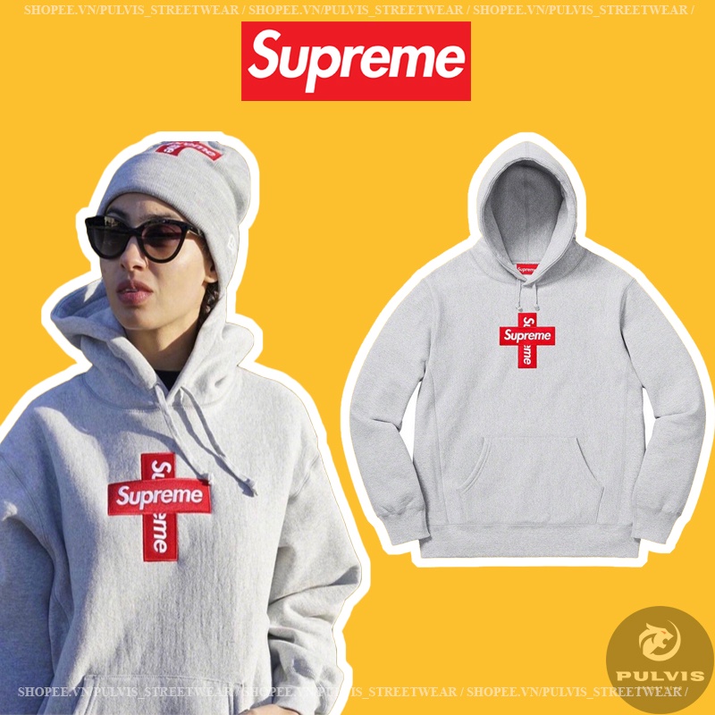 ⚡️[Mirror Quality]- Áo Hoodie S.upreme Cross Box Logo Hooded Sweatshirt Heather Grey, Áo hoodie S.UPREME